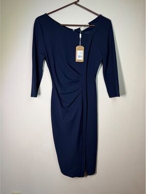 Aisize Navy Blue Dress with 3/4 bell Sleeves and Front Draping Detail, Size M